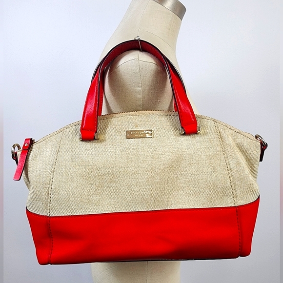 Kate Spade Red Beige Canvas Leather 2Way Crossbody Top Handle Satchel - Picture 1 of 16